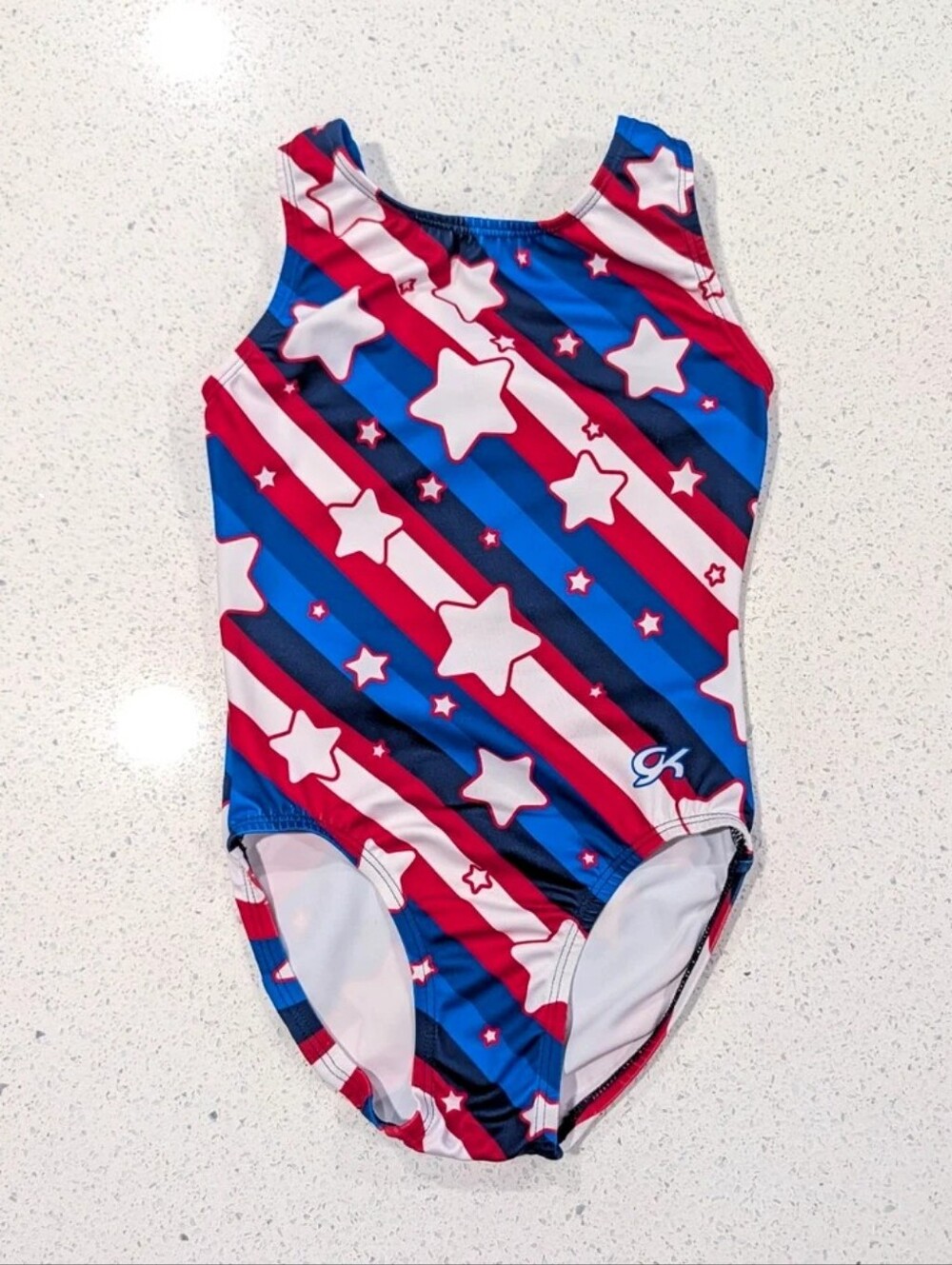 PATRIOTIC GK ELITE Gymnastics Dance Leotard Medium White Blue Red Stars & Stipes